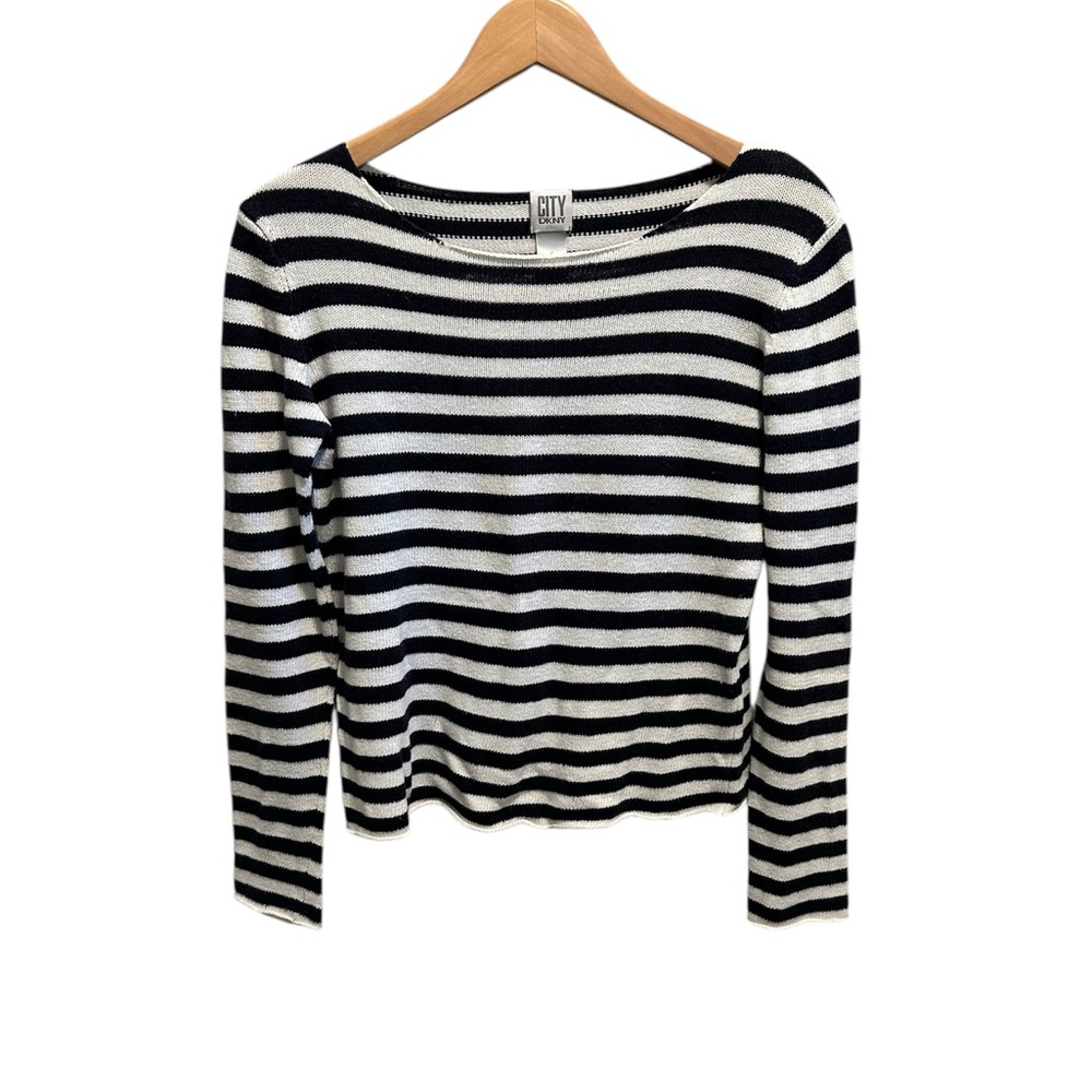 Vintage DKNY CITY Navy Blue &White striped boatneck  long sleeve sweater Size S